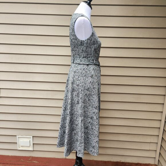 Calvin Klein Knit A-Line Dress Tweed Look Black White Sleeveless Tie Waist - Picture 12 of 16